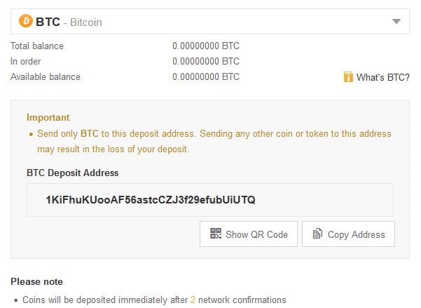 deposit bitcoin to binance
